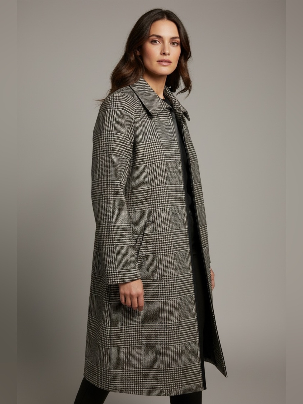 GORGEOUS! VTG VALERIE STEVENS PURE WOOL HOUNDSTOOTH GLEN PLAID LONG COAT SIZE 12